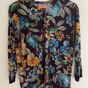 JOHNNY WAS Deep Purple Long Sleeve Tee with Floral Print: Size Small: NWOT!